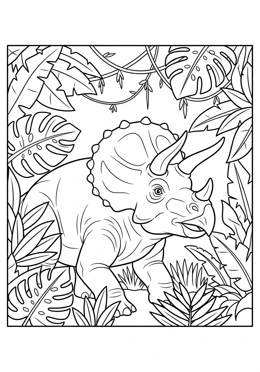 Triceratops exploring dense jungle coloring page