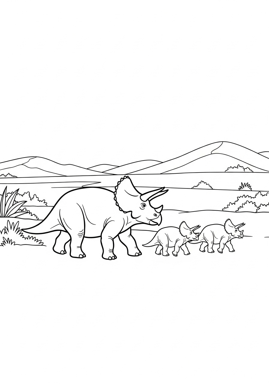Triceratops herd walking on plain coloring page