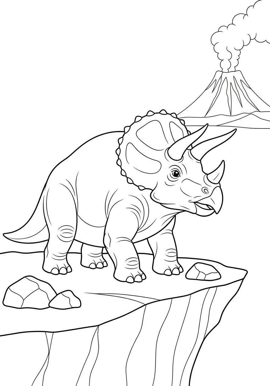 Triceratops with volcano background coloring page