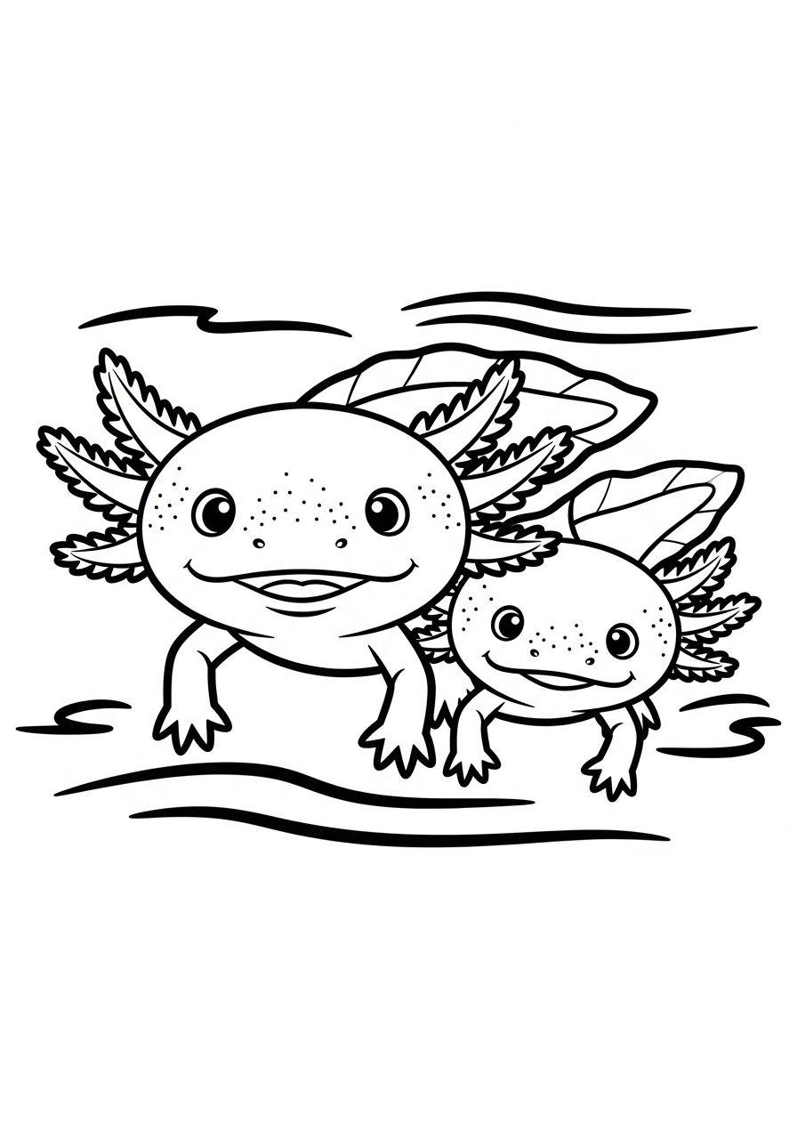 Two Axolotl friends swimming coloring page
