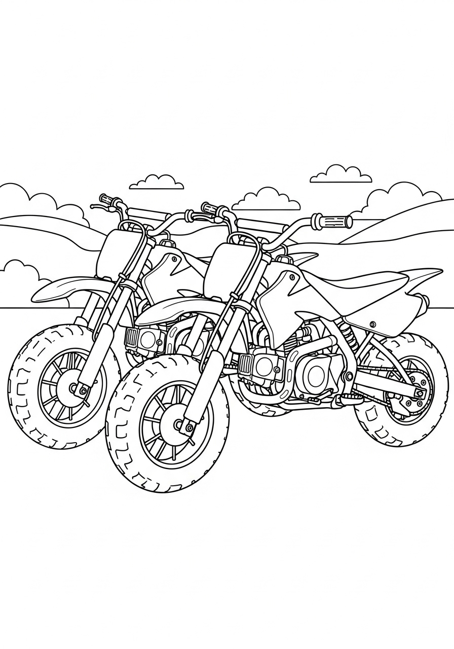 Two mini pit bikes side-by-side coloring page