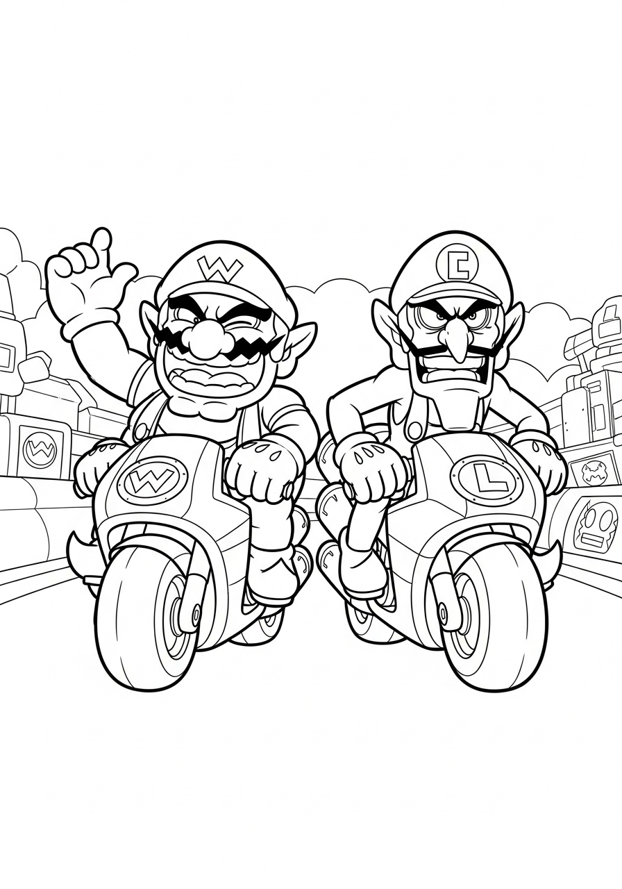Wario and Waluigi laughing on bikes coloring page