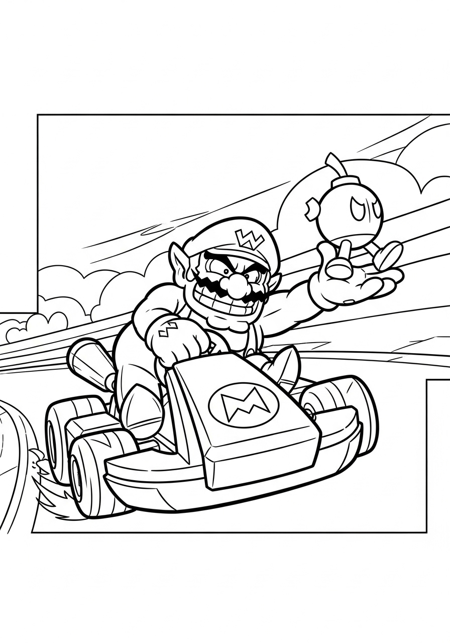 Wario throwing a walking Bob-omb coloring page