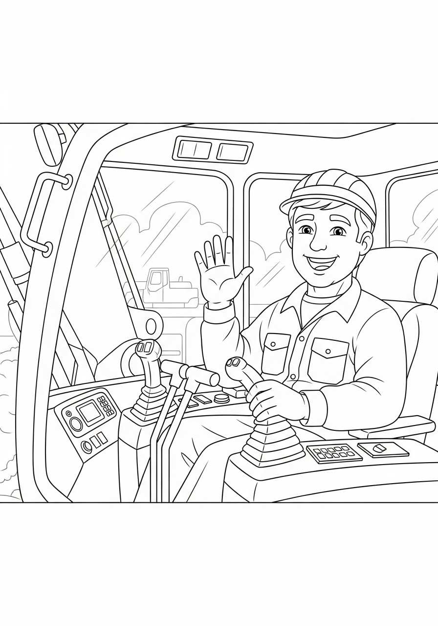 Excavator Coloring Pages 24 Waving operator in excavator cab coloring page