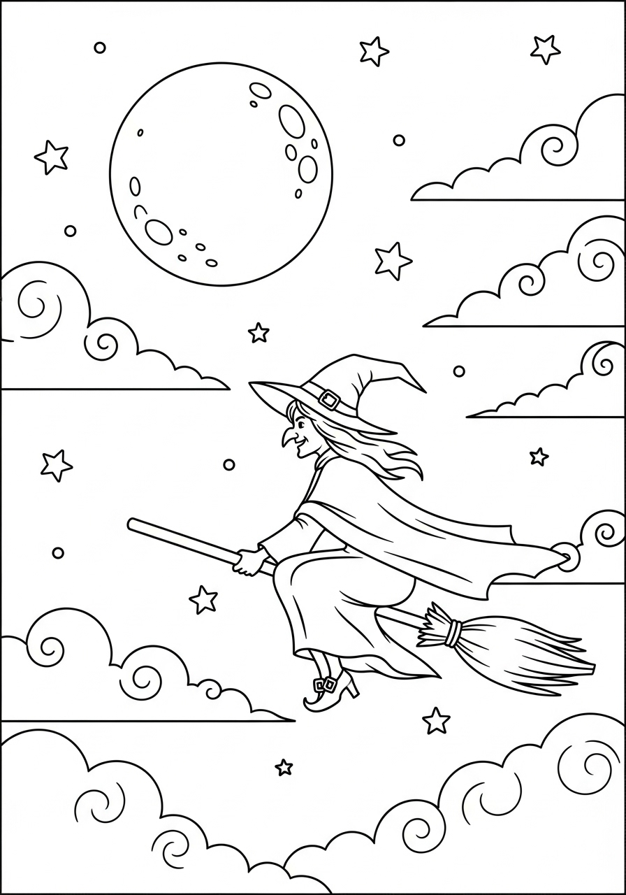Halloween Coloring Pages 24 Witch flying on broomstick silhouette coloring page
