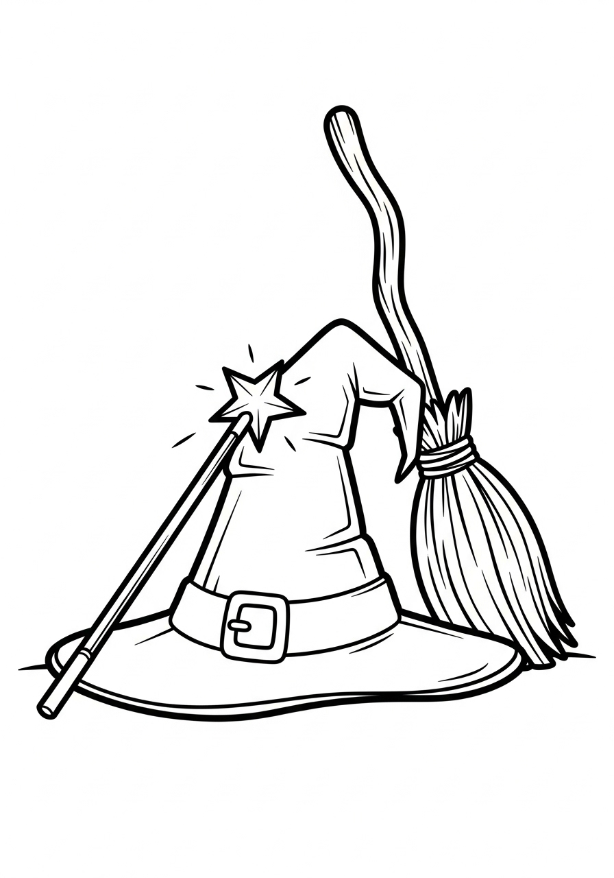 Halloween Coloring Pages 25 Witch hat, wand, and broom coloring page