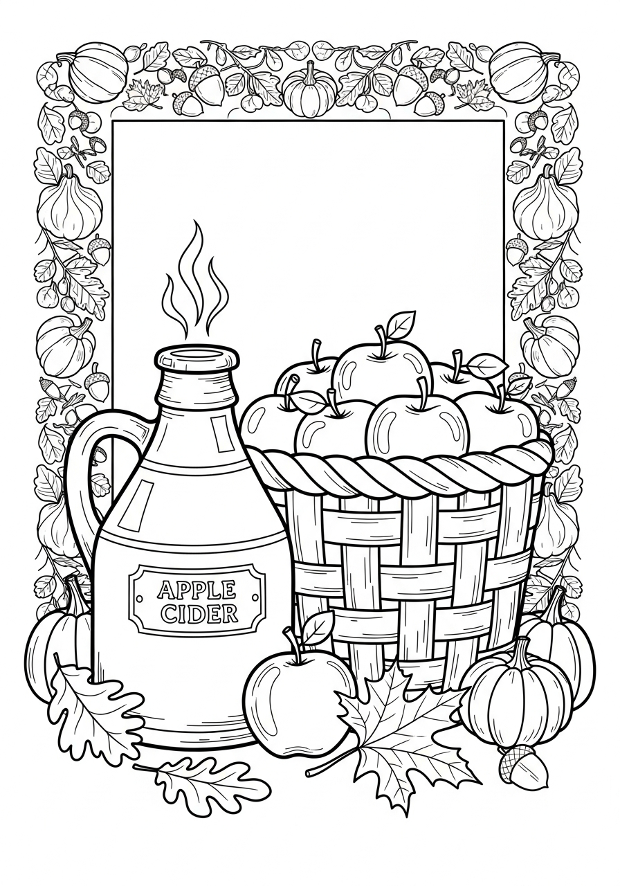 Thanksgiving Coloring Pages 2 Apple cider jug next to apples coloring page