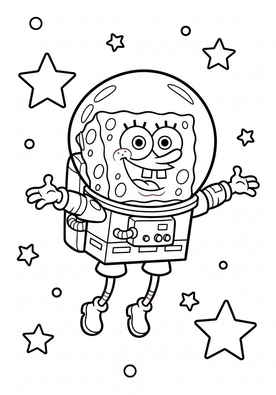 Astronaut Spongebob floating in outer space coloring page