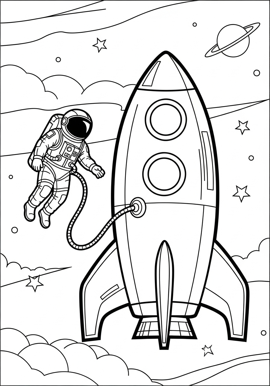 Rocket Ship Coloring Pages 2 Astronaut on spacewalk with rocket coloring page