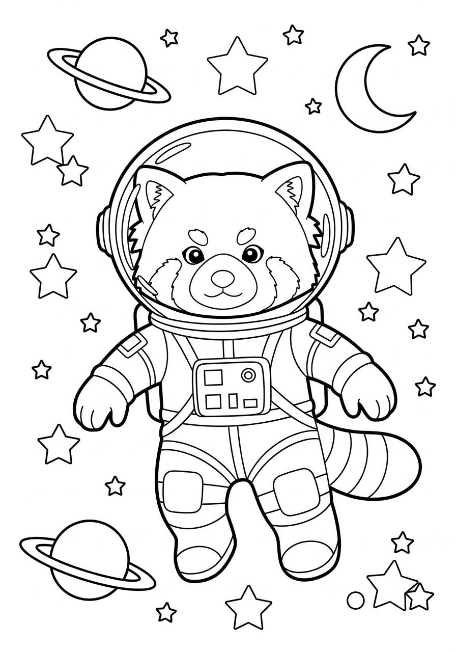 Astronaut red panda in space coloring page