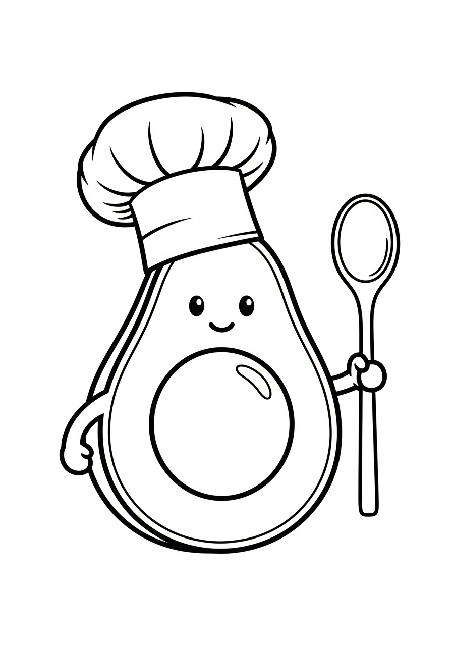 Avocado chef with hat and spoon coloring page