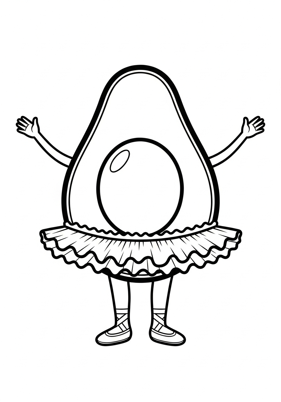 Avocado half wearing a ballet tutu coloring page