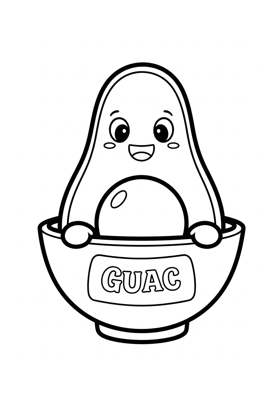 Avocado peeking from guacamole bowl coloring page