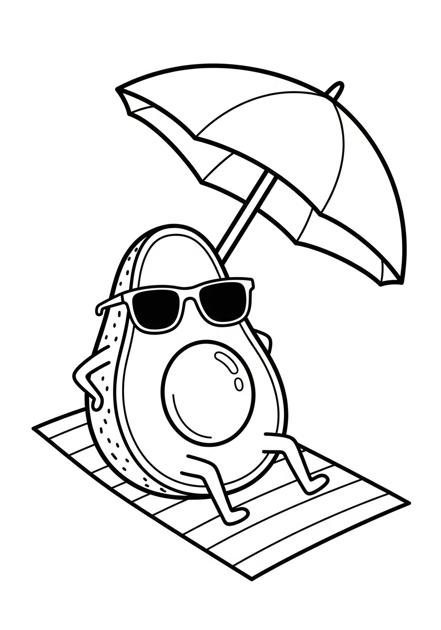 Avocado relaxing on a beach coloring page