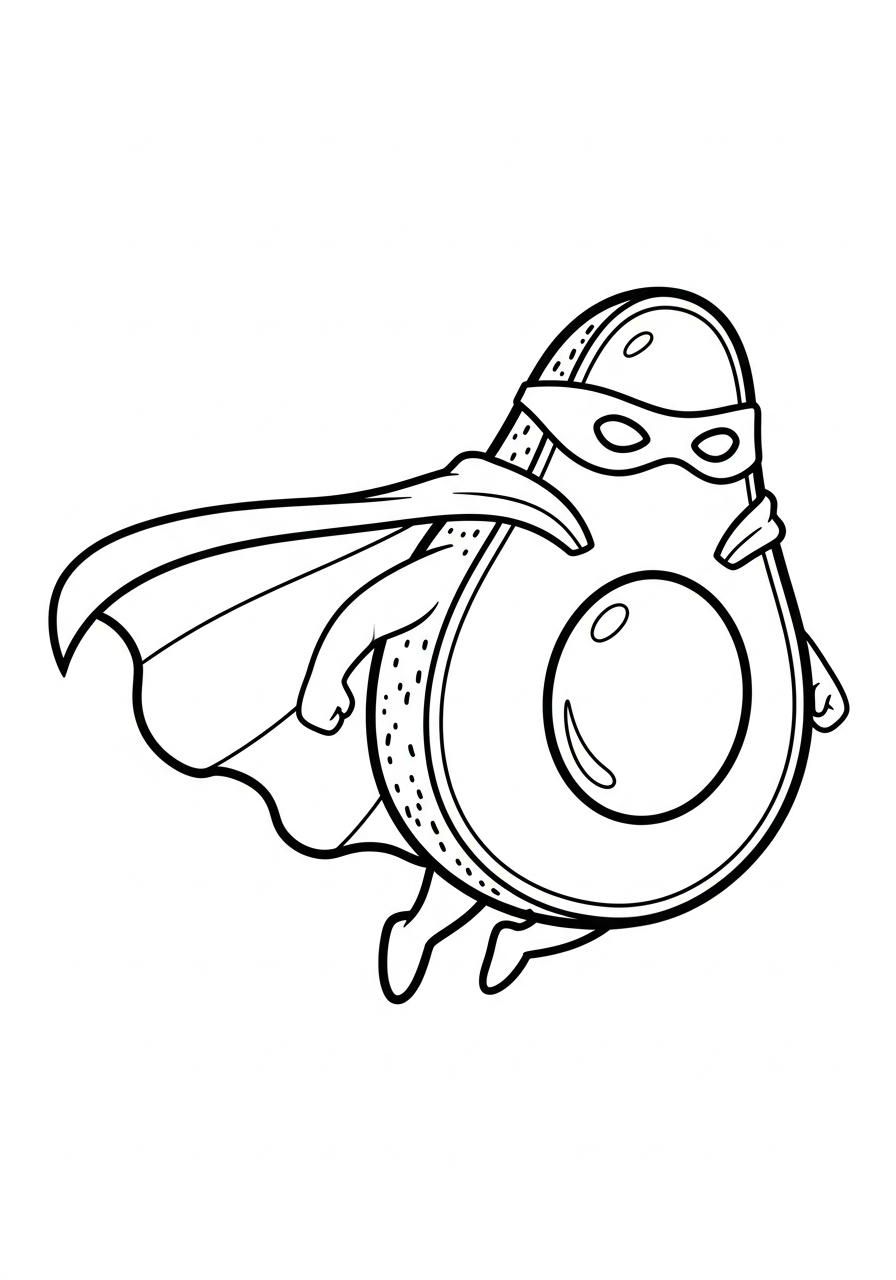 Avocado superhero with cape flying coloring page