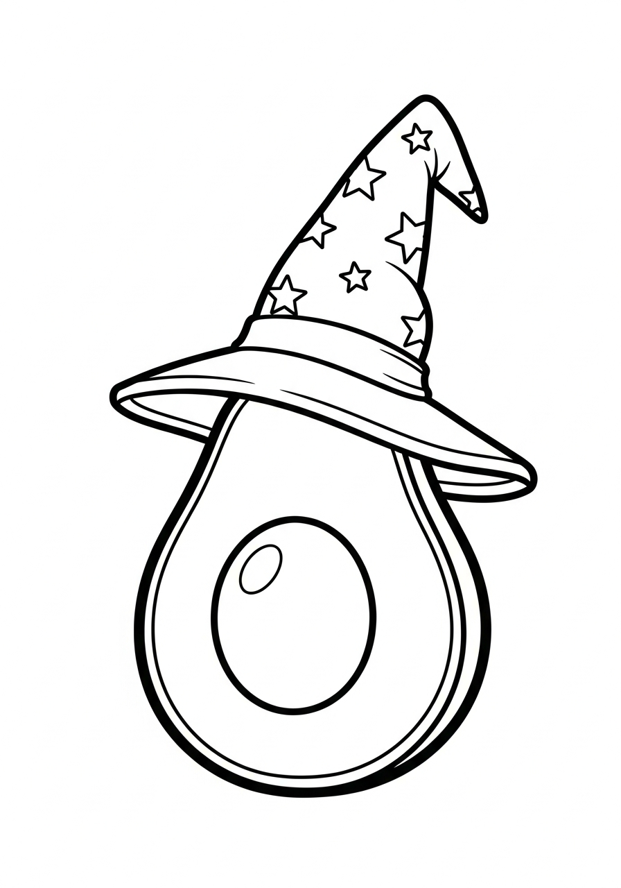 Avocado wearing a pointy wizard hat coloring page