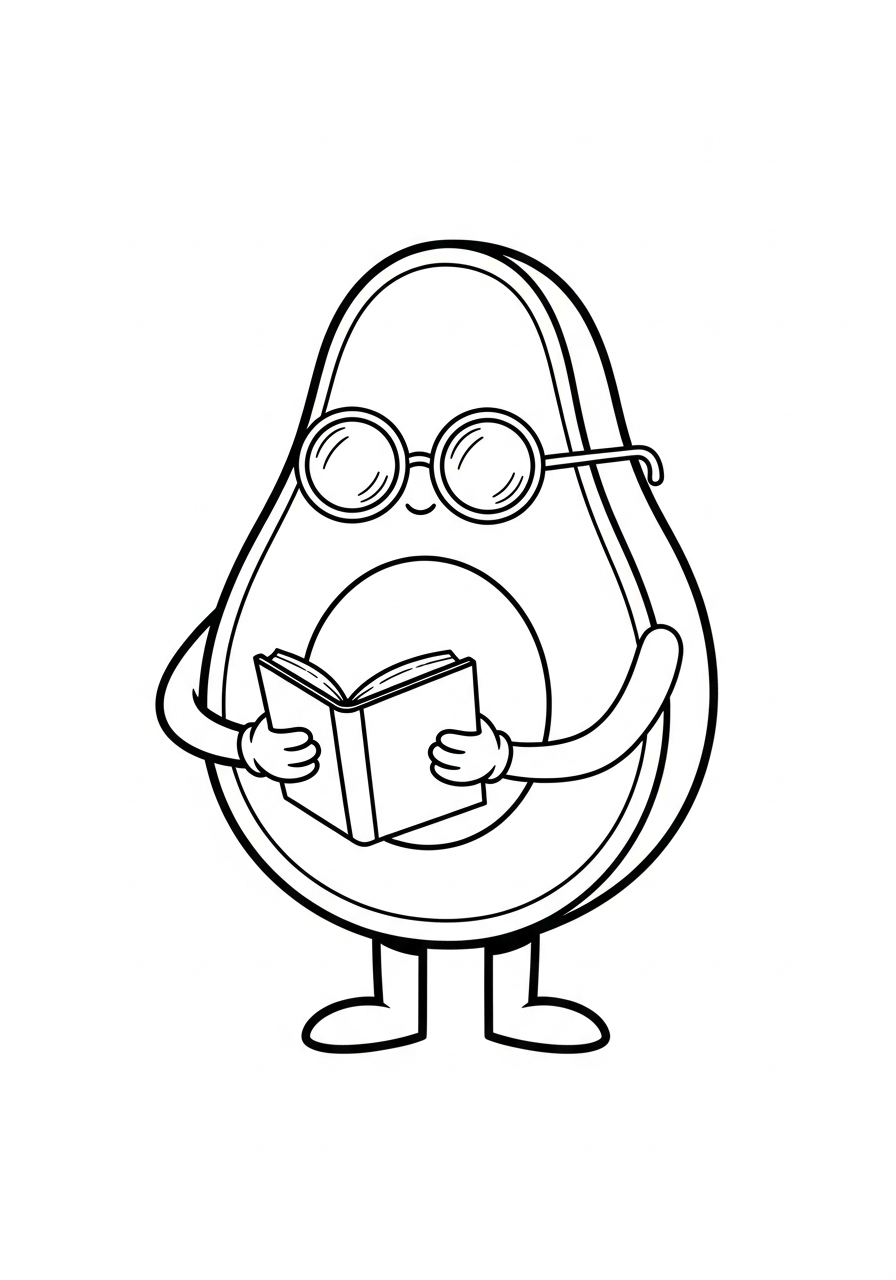 Avocado with glasses reading a book coloring page
