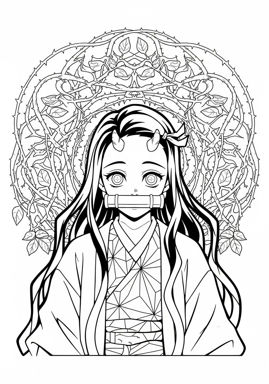 Nezuko Coloring Pages 2 Awakened Nezuko surrounded by vines coloring page