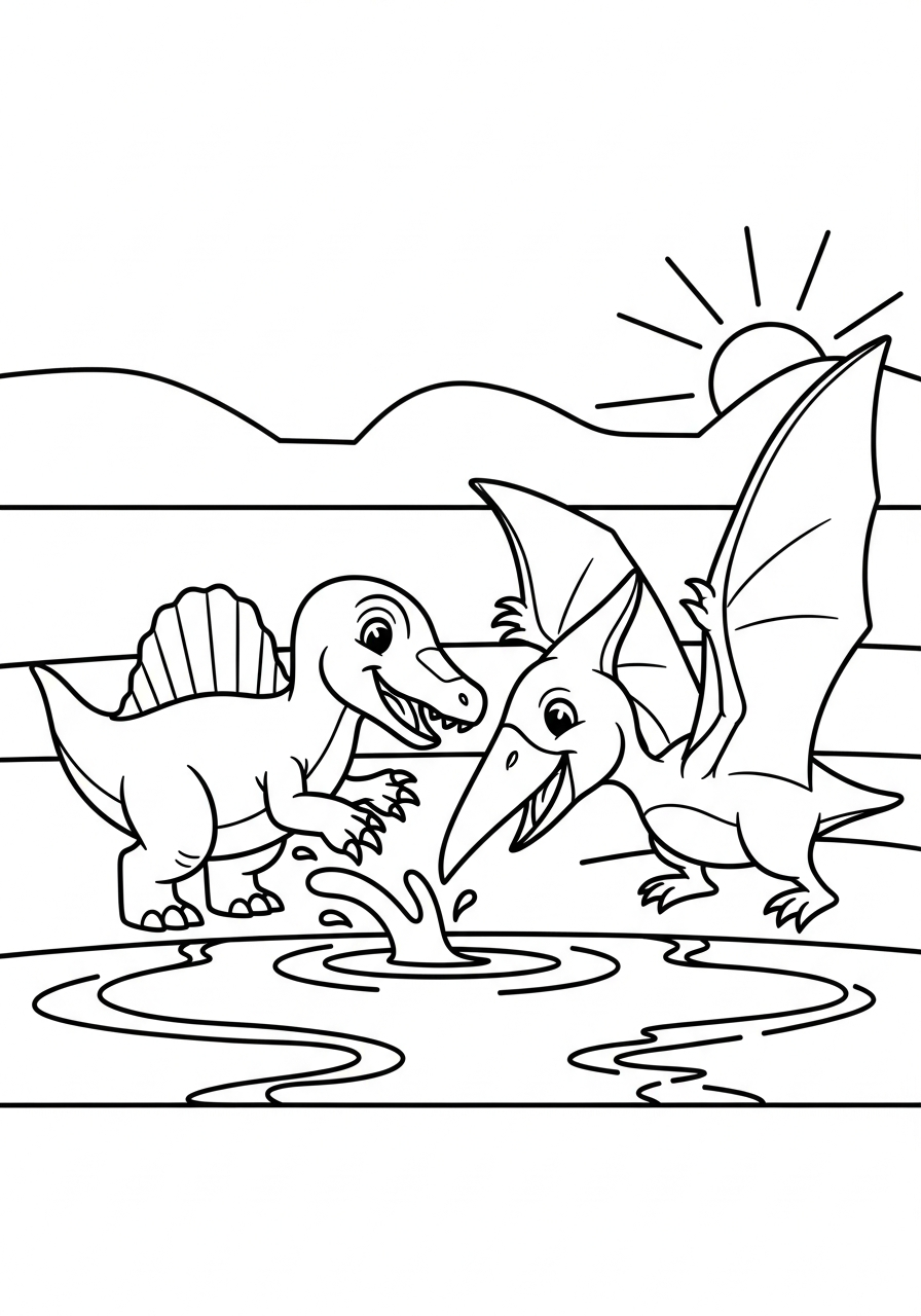 Baby Spinosaurus with friend coloring page