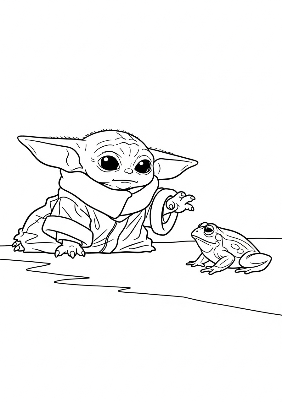 Baby Yoda Coloring Pages 2 Baby Yoda chasing small frog coloring page