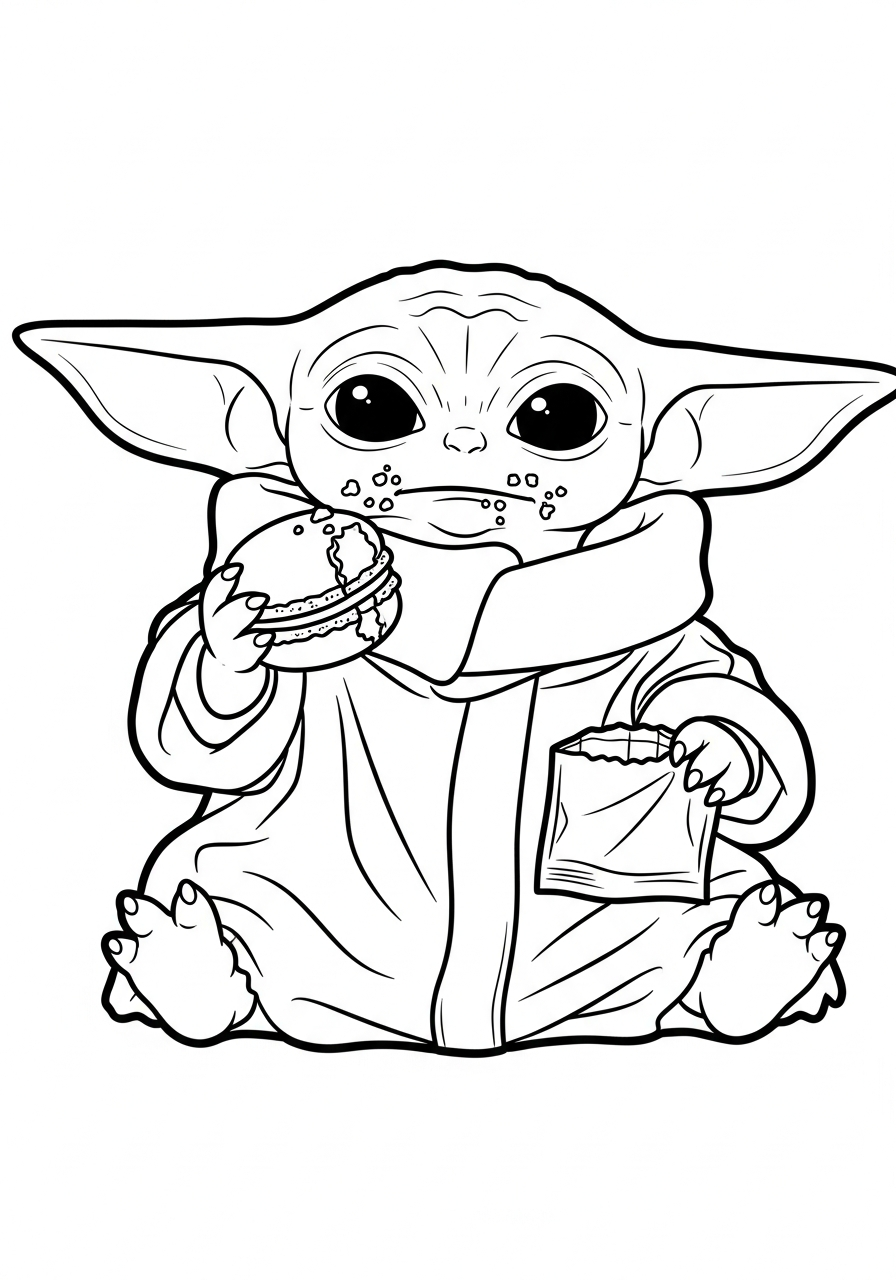 Baby Yoda Coloring Pages 3 Baby Yoda eating blue macaron cookies coloring page