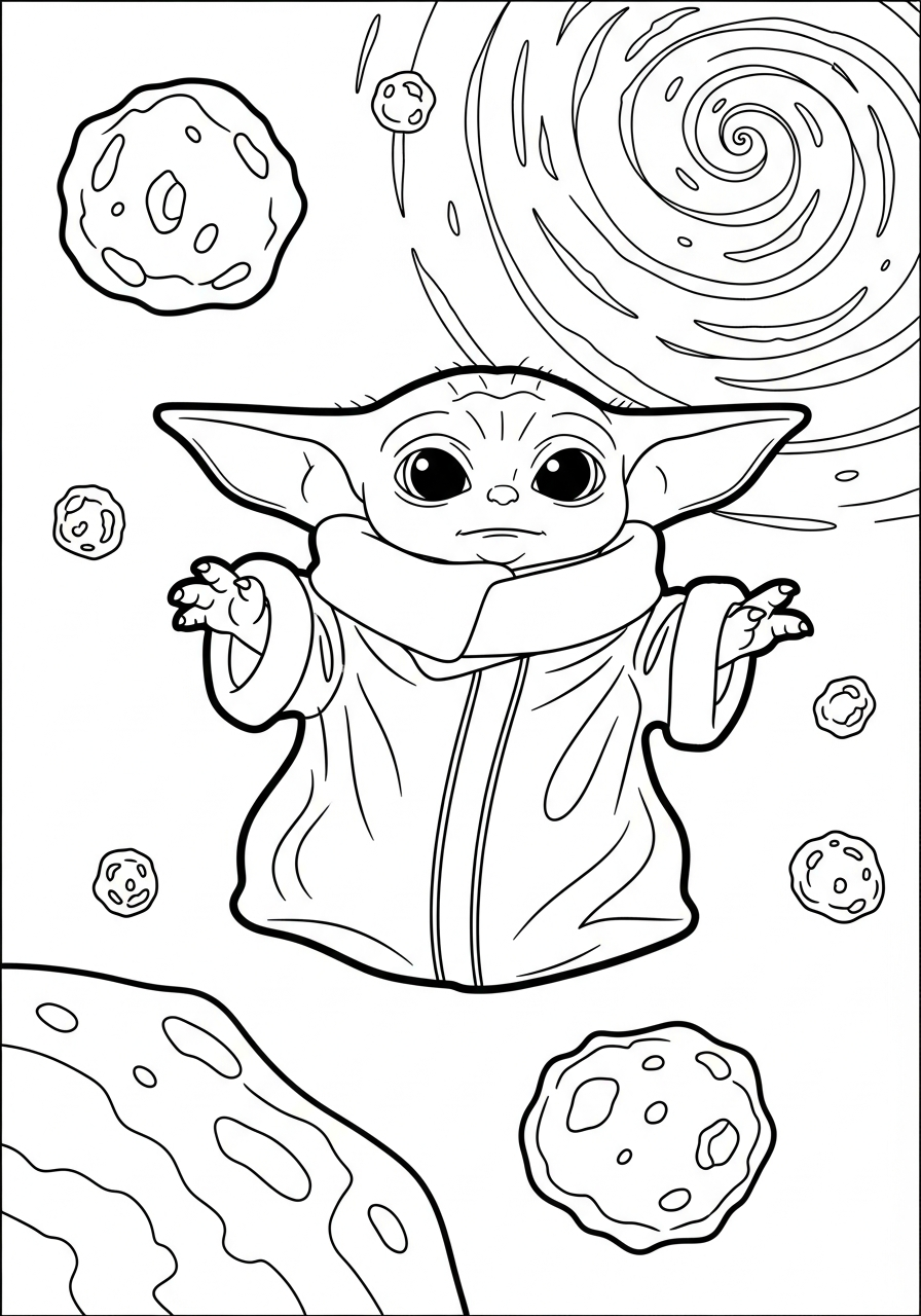 Baby Yoda Coloring Pages 4 Baby Yoda floating in deep space coloring page