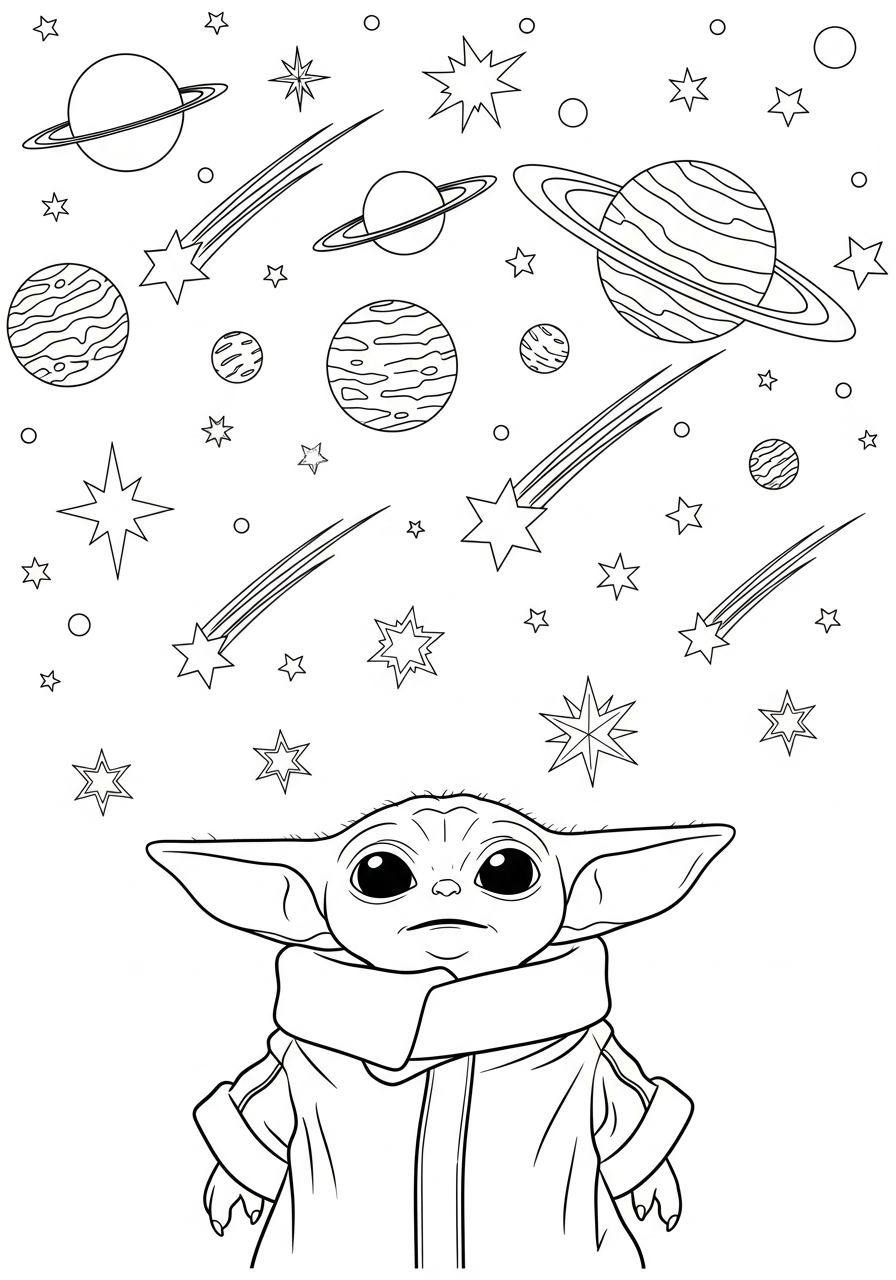 Baby Yoda Coloring Pages 5 Baby Yoda gazing at starry sky coloring page
