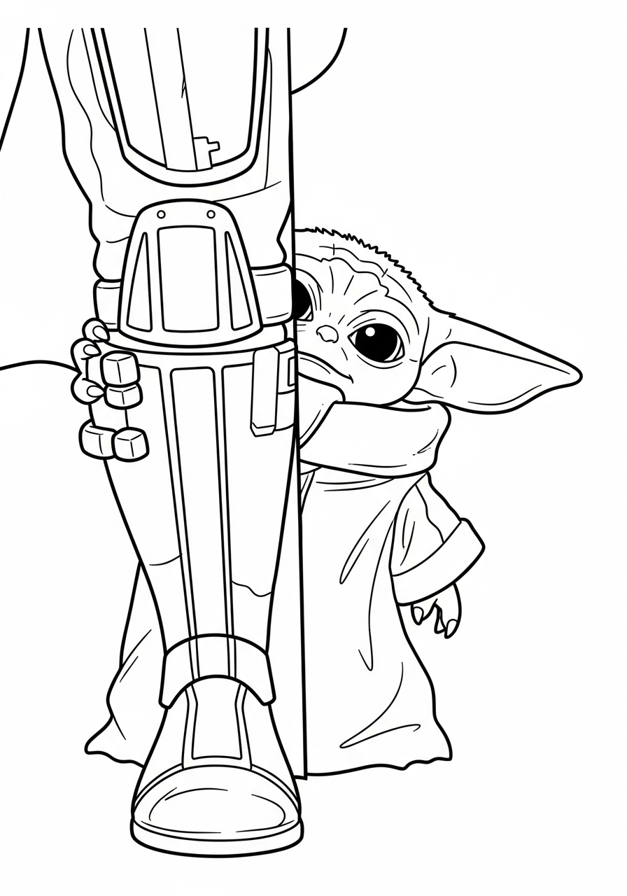 Baby Yoda Coloring Pages 6 Baby Yoda hiding behind metal leg coloring page