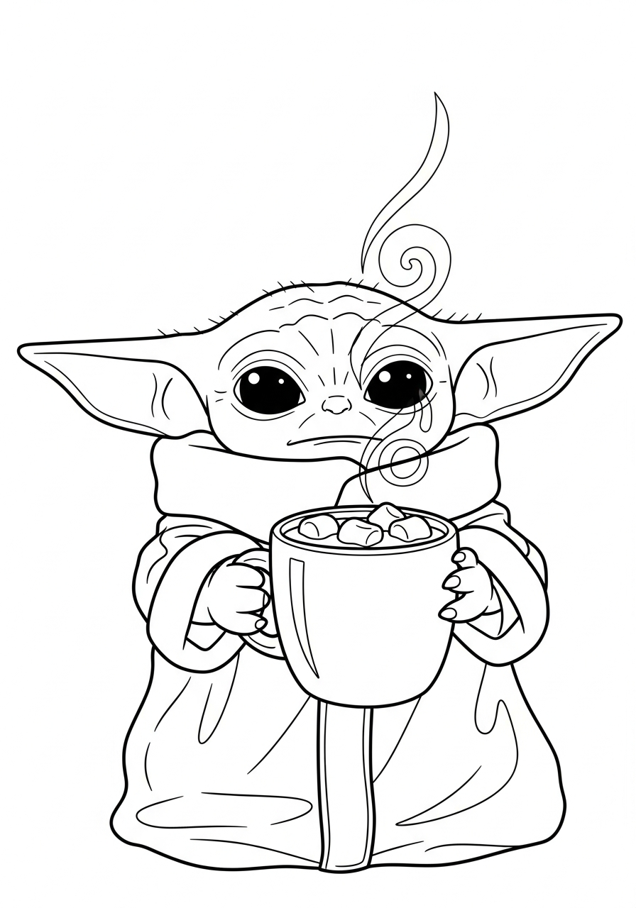 Baby Yoda Coloring Pages 7 Baby Yoda holding hot cocoa mug coloring page