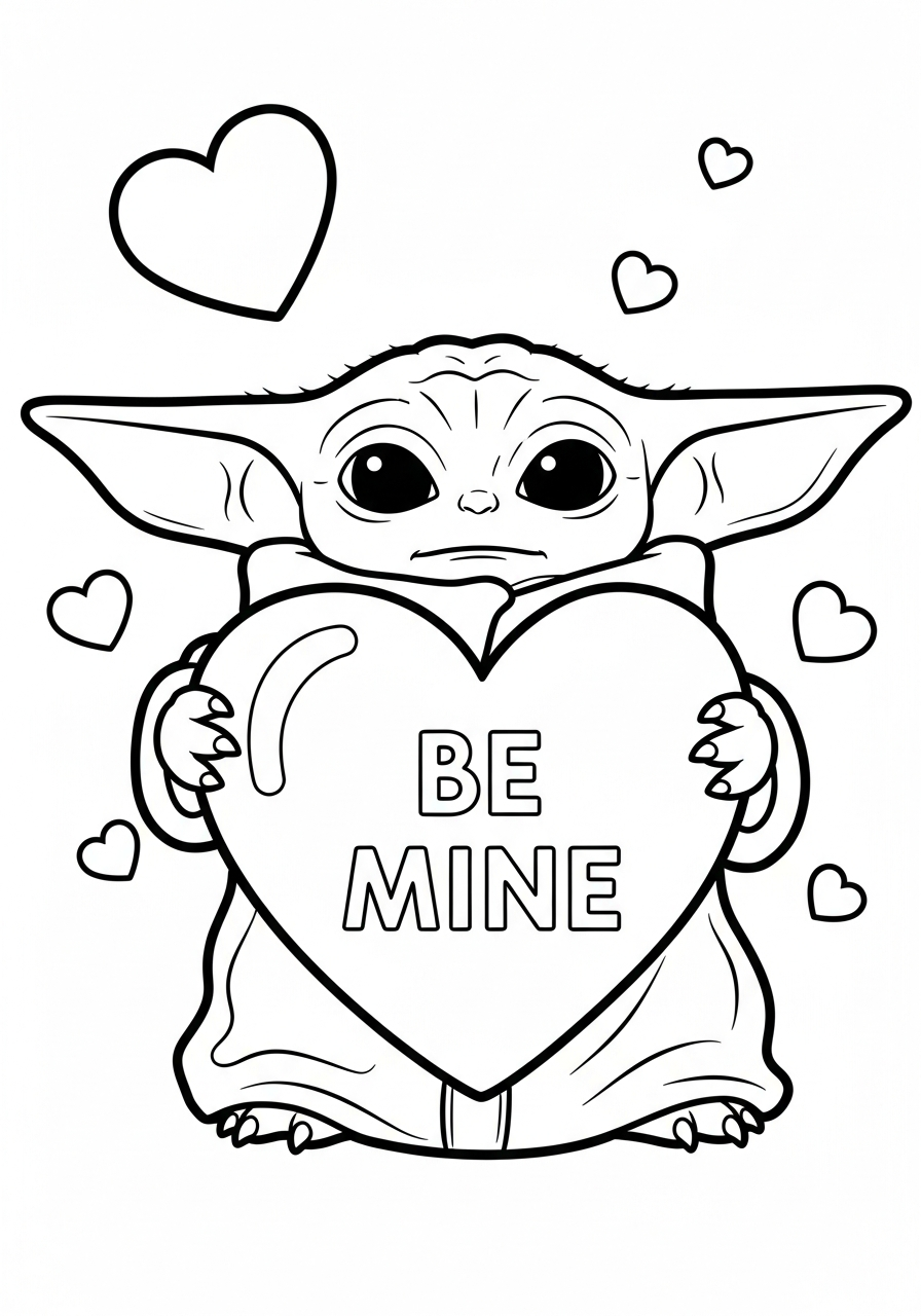 Baby Yoda Coloring Pages 8 Baby Yoda holding love heart coloring page