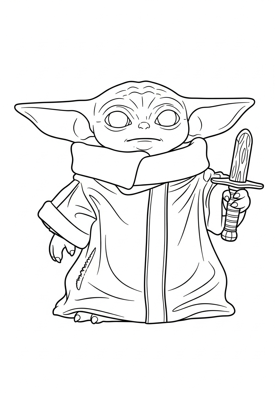 Baby Yoda Coloring Pages 10 Baby Yoda holding small Jedi sword coloring page