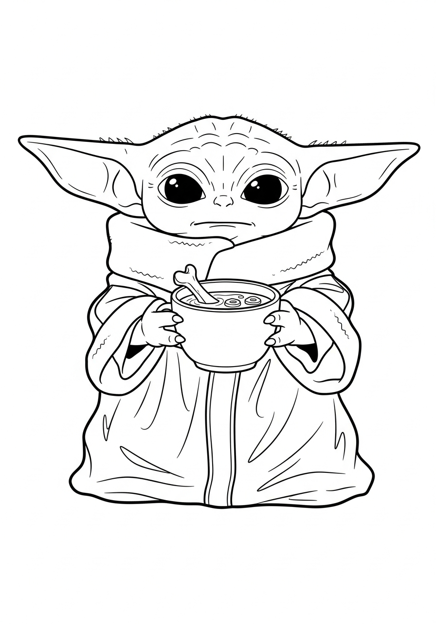 Baby Yoda Coloring Pages 11 Baby Yoda holding small soup cup coloring page