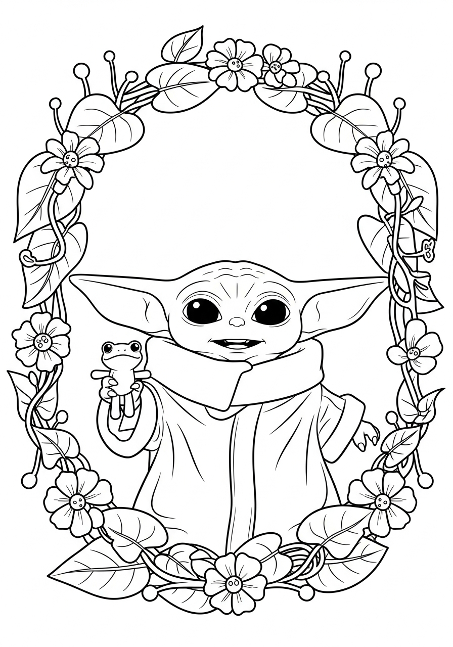 Baby Yoda Coloring Pages 12 Baby Yoda inside flower wreath frame coloring page