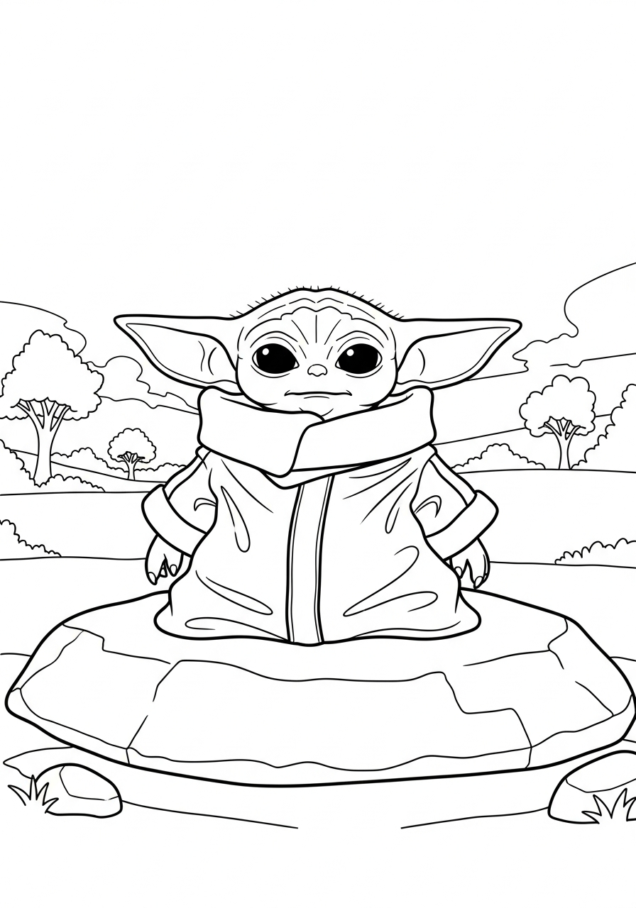 Baby Yoda Coloring Pages 15 Baby Yoda meditating on rock coloring page