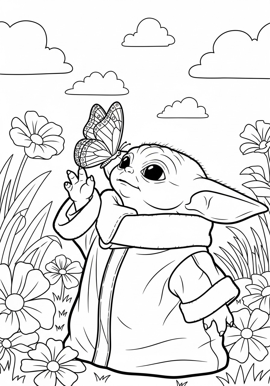 Baby Yoda Coloring Pages 17 Baby Yoda reaching for butterfly coloring page