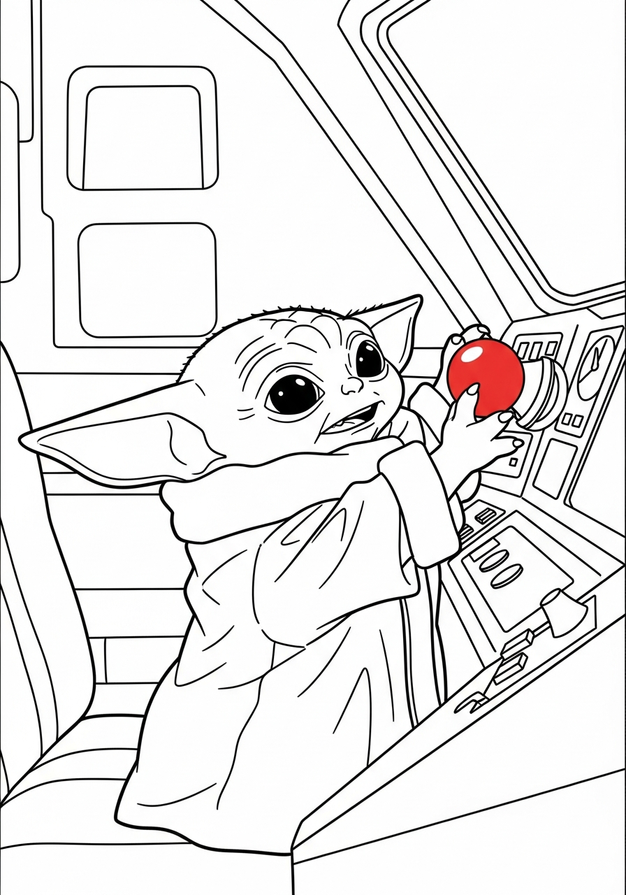 Baby Yoda Coloring Pages 18 Baby Yoda reaching for red button coloring page