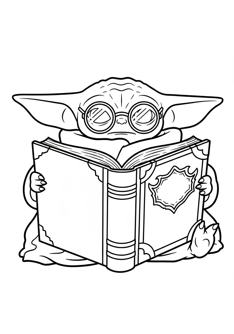 Baby Yoda Coloring Pages 19 Baby Yoda reading large ancient book coloring page