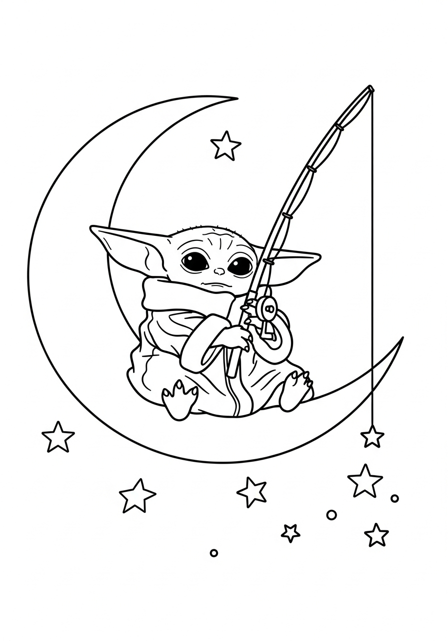 Baby Yoda Coloring Pages 21 Baby Yoda sitting on crescent moon coloring page