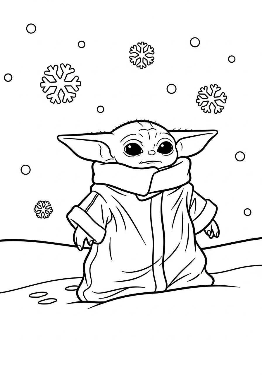 Baby Yoda Coloring Pages 24 Baby Yoda walking in winter snow coloring page