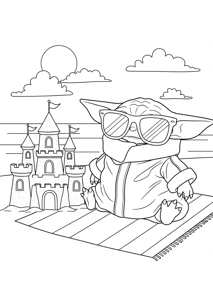 Baby Yoda Coloring Pages 25 Baby Yoda wearing sunglasses on beach coloring page