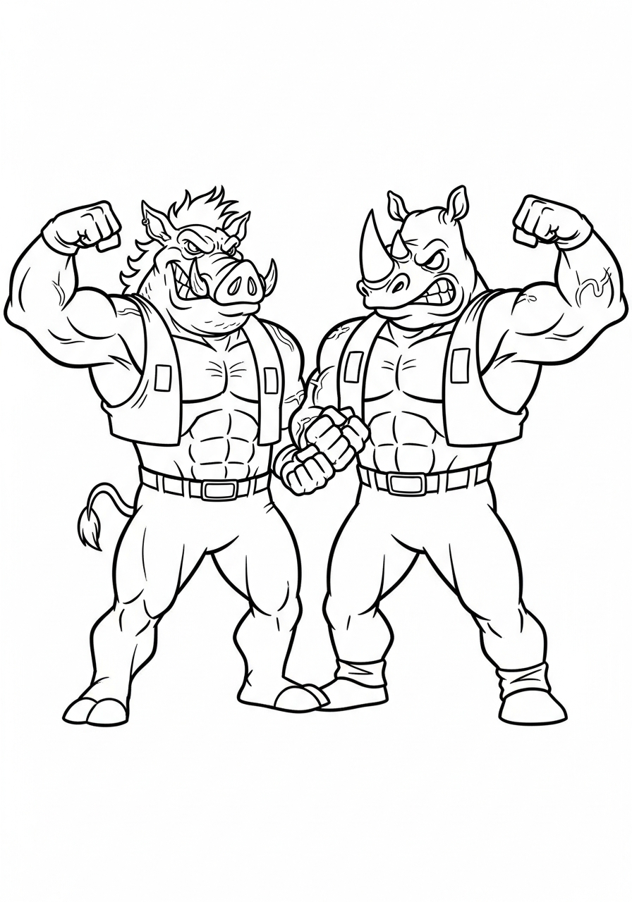 Ninja Turtle Coloring Pages 5 Bebop and Rocksteady flexing muscles coloring page