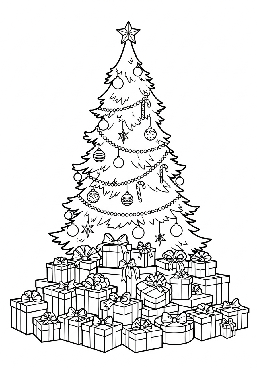 Christmas Tree Coloring Pages 2 Big tree with pile of gifts coloring page
