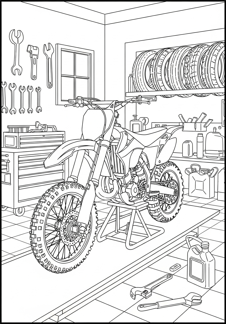 Dirt Bike Coloring Pages 5 Bike on stand in mechanic garage coloring page