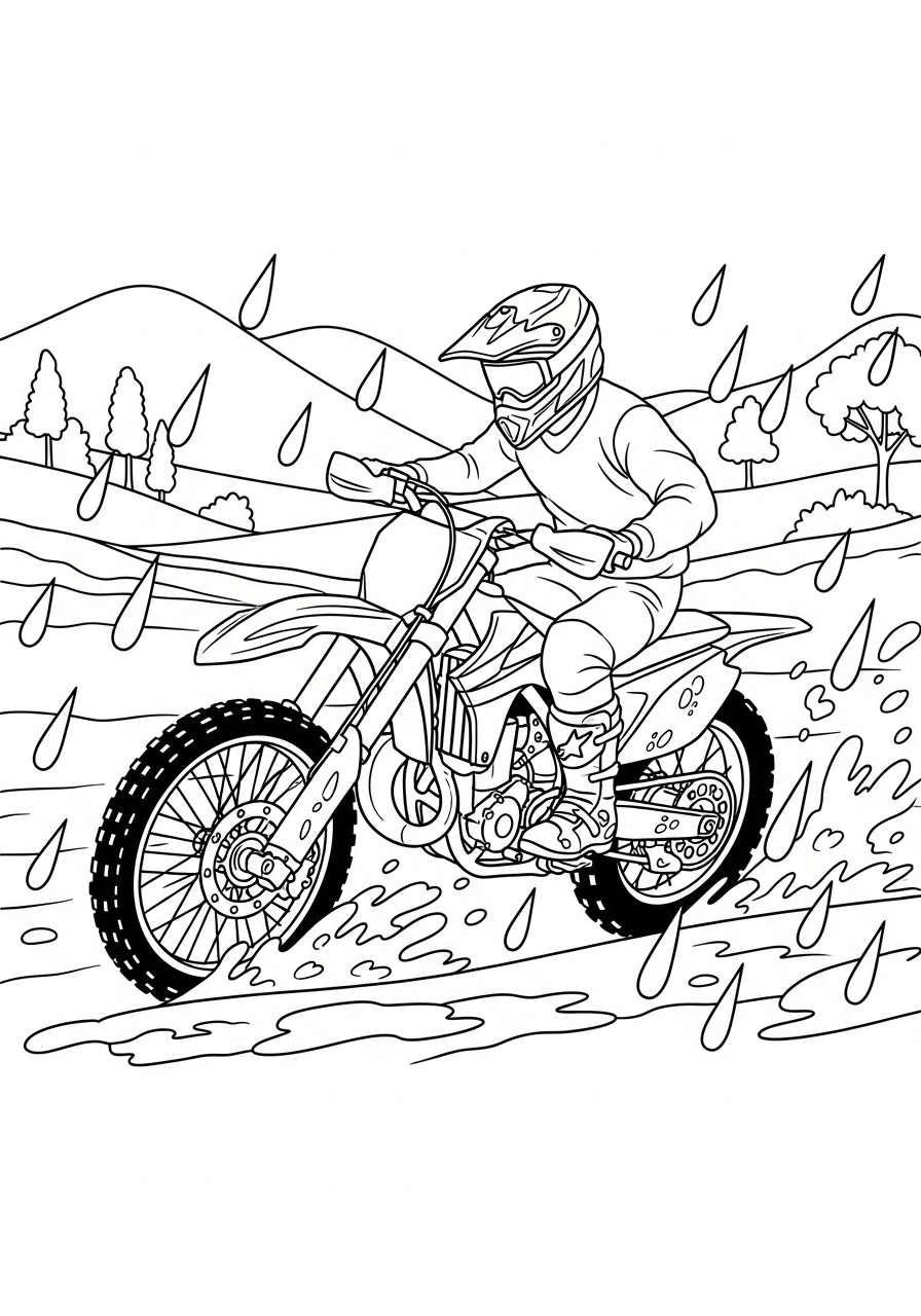 Dirt Bike Coloring Pages 6 Bike racing on muddy track in rain coloring page