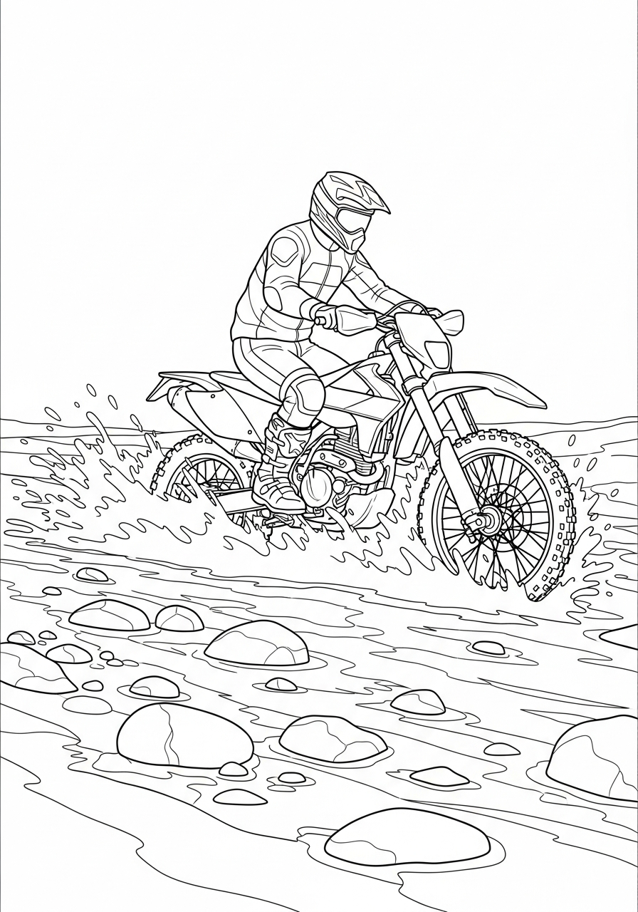 Dirt Bike Coloring Pages 10 Bike splashing across a rocky river coloring page
