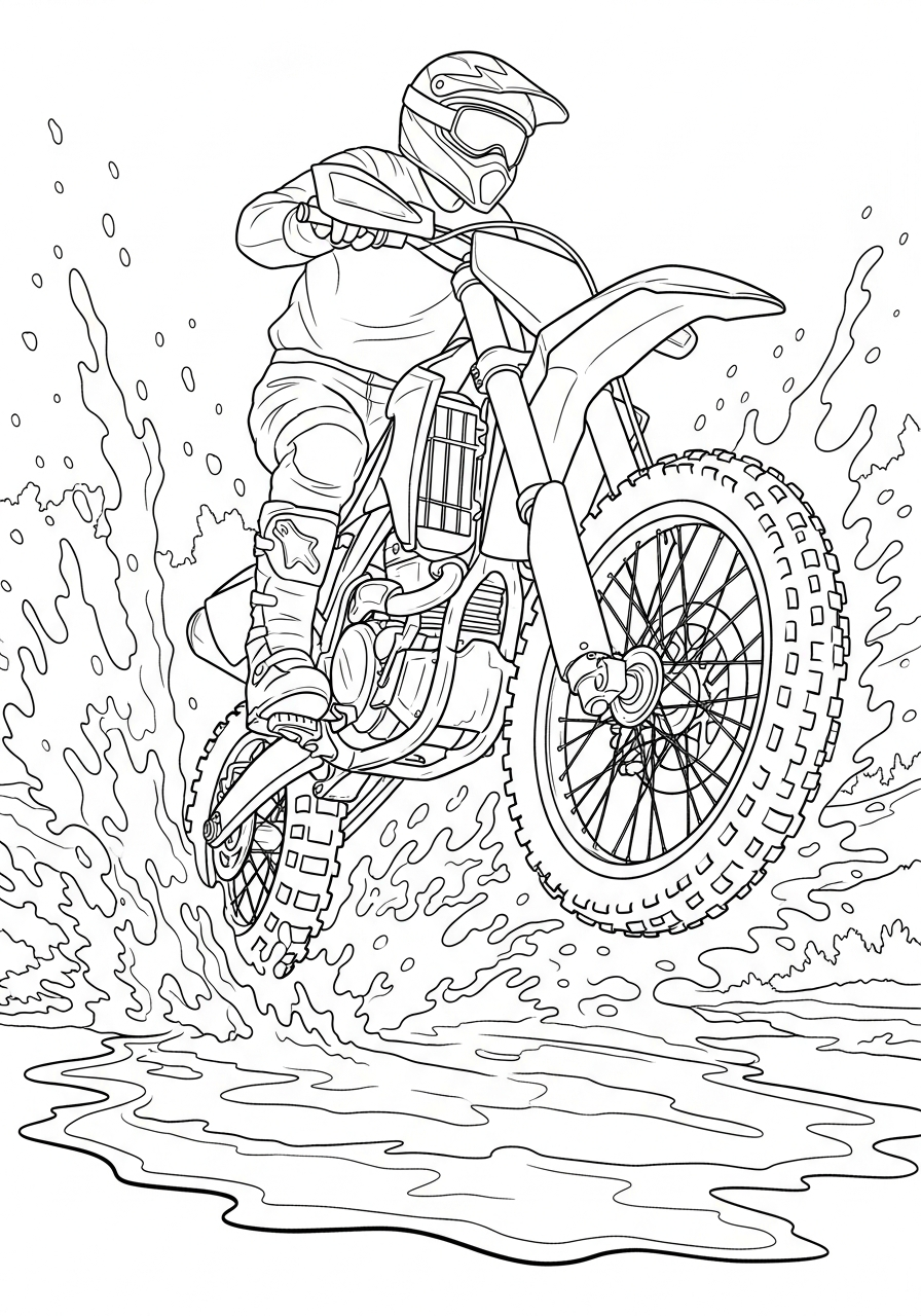 Dirt Bike Coloring Pages 11 Bike splashing through deep mud puddle coloring page