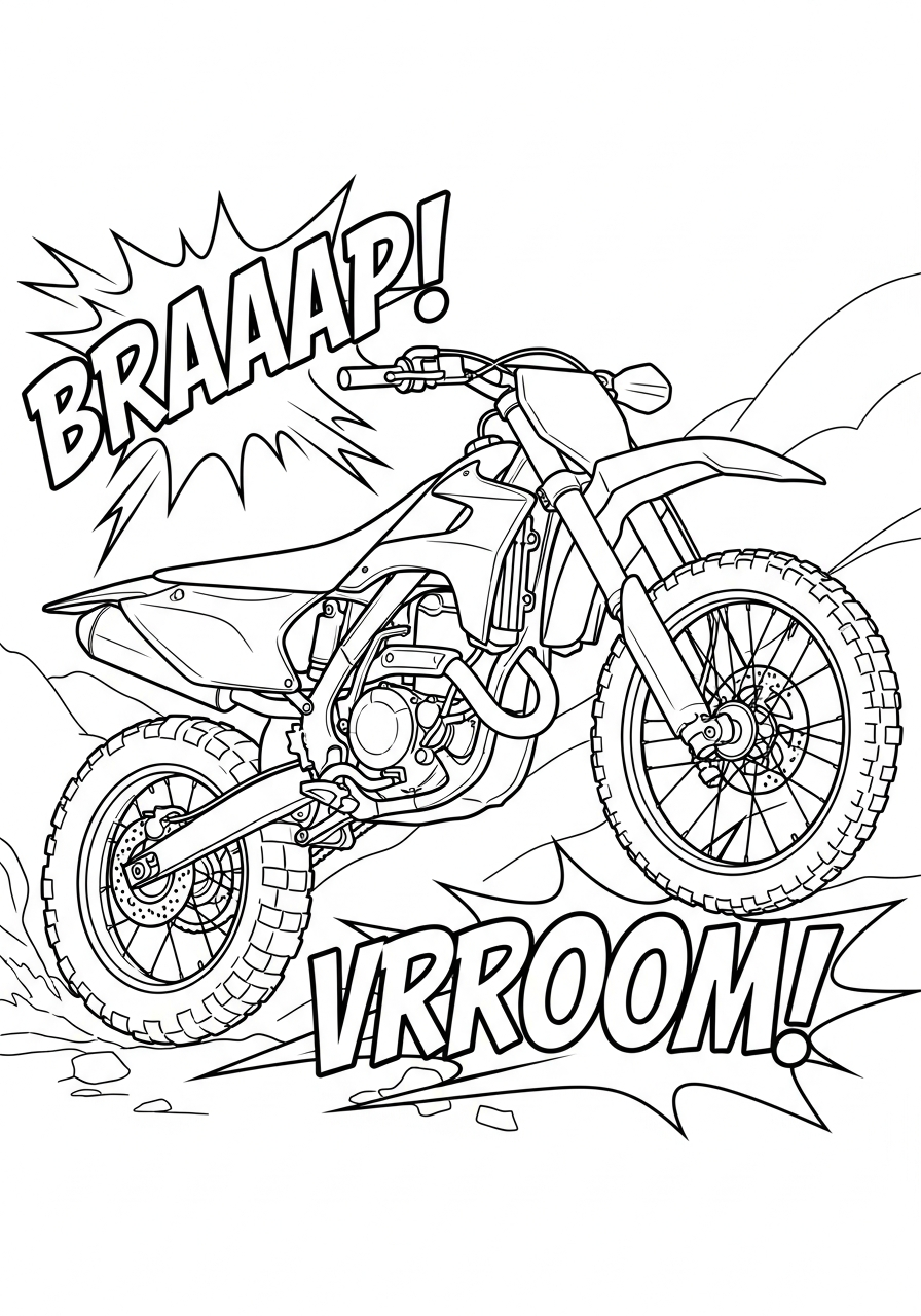 Dirt Bike Coloring Pages 12 Bike with comic book ‘Braaap’ words coloring page
