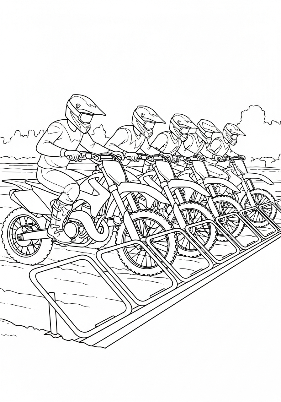 Dirt Bike Coloring Pages 13 Bikes lined up at race start coloring page