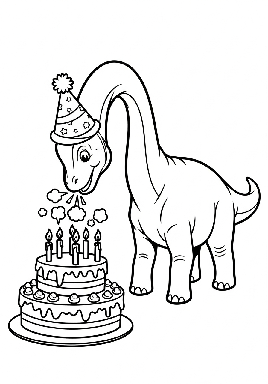 Brachiosaurus Coloring Pages 3 Birthday Brachiosaurus with cake and hat coloring page