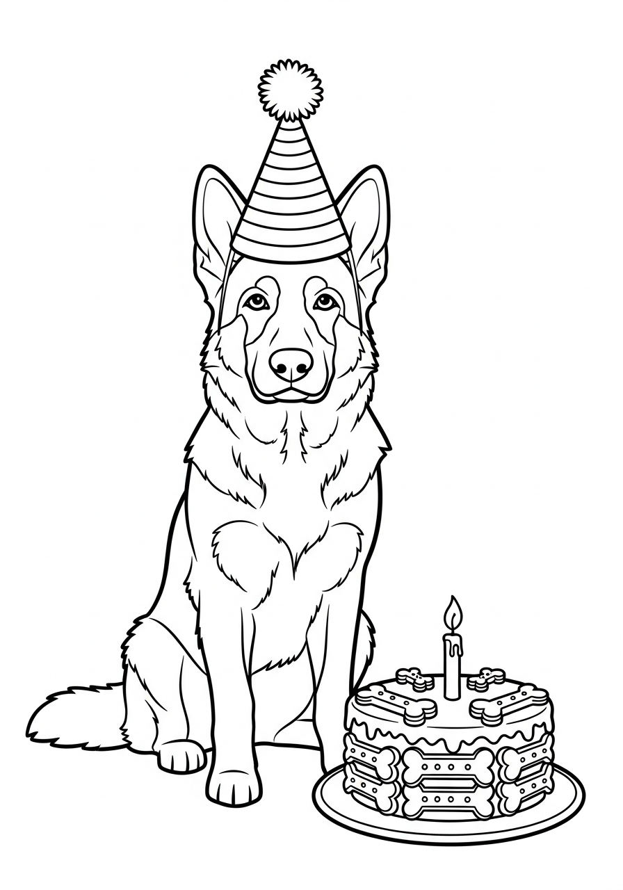 Birthday German Shepherd with cake coloring page